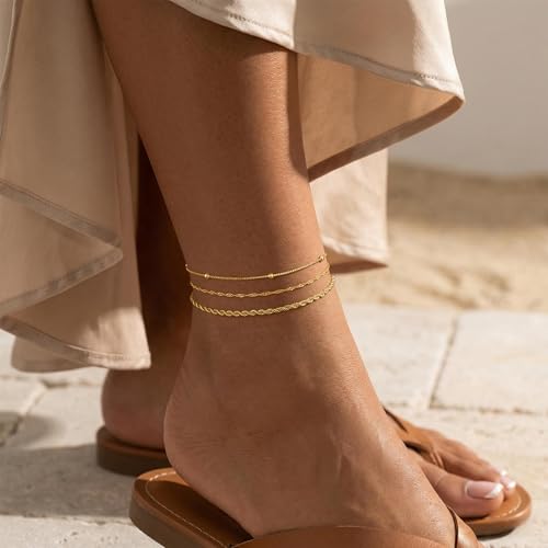 VIROMY Gold Ankle Bracelets for Women - Layered Anklets for Women Waterproof Beach Jewelry Gifts - color: Anklet H-Gold
