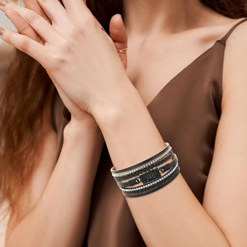 Long tiantian Leather Wrap Bracelets Boho Bracelets for Women Rhinestone Leather Bangles Boho Western Outfit Accessories Jewelry Gifts - color: black