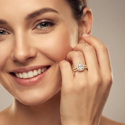 MDFUN Three in One Round/Oval/Eye/Teardrop Halo Wedding Bands Set Engagement Rings 18K Yellow Gold Plated Cubic Zirconia Promise Eternity Band for Women Size 5-10 - style: Teardrop