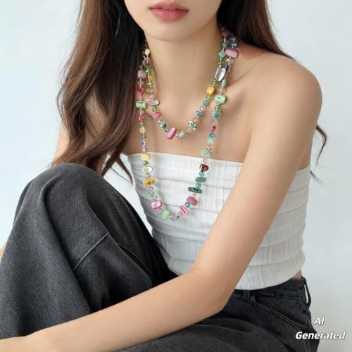 Irregular shell glass Long Necklace for Women Colorful Natural Irregular Sea Shell Crystal Beads Necklace Boho Statement Sweater Jewelry