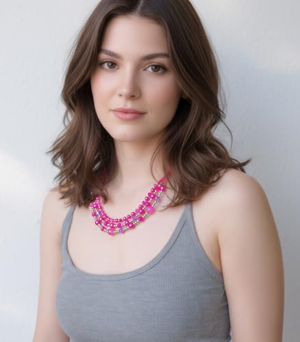 Noessla Beaded Statement Necklaces for Women Layered Chunky Bead Necklace Fashion Costume Jewelry Gifts for Mom - color: Hot Pink