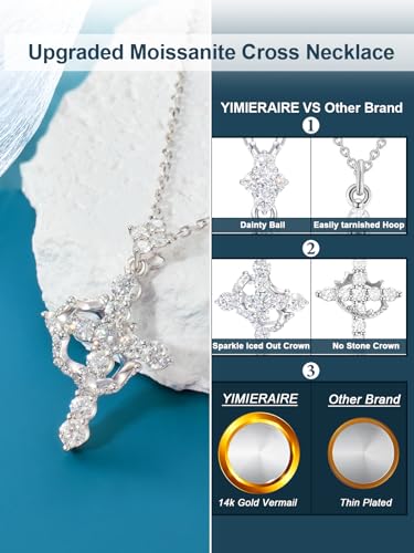 YIMERAIRE Upgraded Moissanite Crown Cross Necklace 14K Gold Vermeil 1.1 Carats Dainty Iced Out Easter Basket Stuffer Cross Jewelry S925 Sterling Silver Simple Gold Christian Faith Moissanite Cross Pendant Necklace For Women - color: 925 Silver