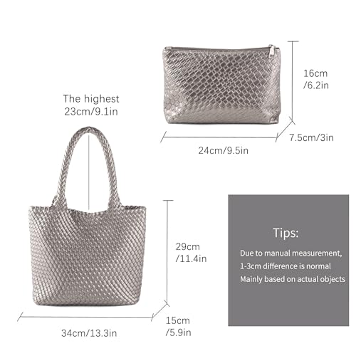 Hand Woven Bag Tote BagS For Women Top Handle Shoulder Vegan Leather Large Travel Beach Hobo Handbag - color: Silver Grey