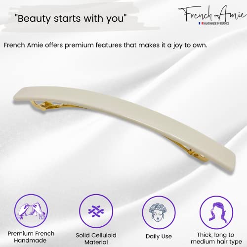 French Amie Long and Skinny Bar Solid Ivory Large 4 1/4" Celluloid Acetate Handmade Automatic Hair Clips Hair Barrette with No Slip Sturdy Silver Clasp for Women and Girls, Made in France (Ivory) - color: Ivory