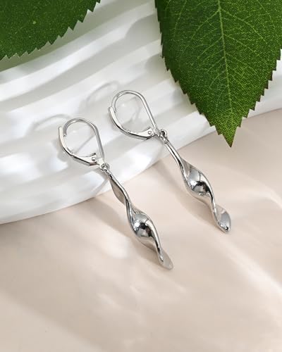 Silver Twisted Leverback Earrings for Women, Hypoallergenic Silver Spiral Drop Dangle Earrings for Women Statement Lightweight Leverback Dangling Jewelry Gifts