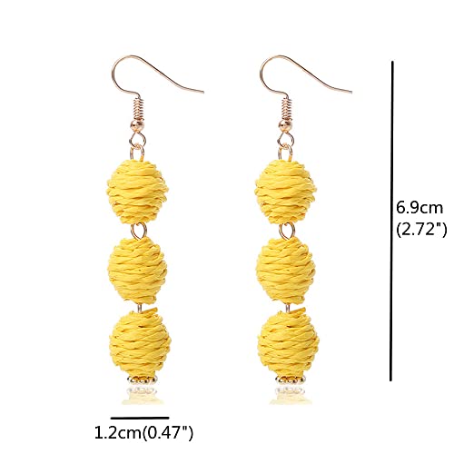 Lightweight Boho Thread Raffia Earrings for Women Handmade Braided Straw Wicker Lantern Ball Earrings Summer Beach Bohemian Geometric Earrings Holiday - color: yellow
