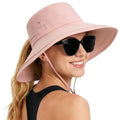 Rosoz Women Sun Hat with Ponytail Hole Wide Brim Bucket Hats UPF 50+ Beach Hiking Gardening Hat Water-Resistant Outdoot Hat - color: Pink