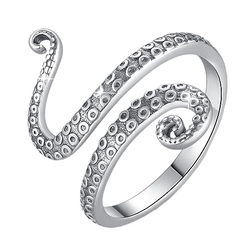 PARCOM Adjustable Women Stackable Ring, 925 Sterling Silver Open Rings - Trendy Eternity Cubic Zirconia Stackable Band Engagement Promise Ring for Her, Hypoallergenic Non Tarnish Nature Bird Floral Thumb Rings - color: Octopus Tentacle