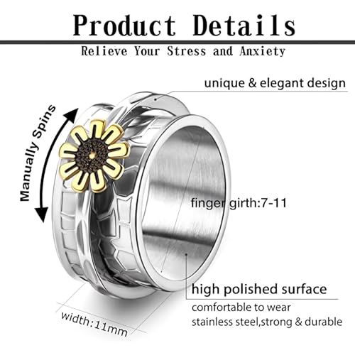 Stainless Steel Rings for Men Women, Vintage Chunky Silver Spinner Ring Band for Meditation, Relaxation& Stress Relief, Retro Wide Wrap Thumb Finger Midi Rings, Statement Cool Punk Band Ring Jewelry - color: R08Color1
