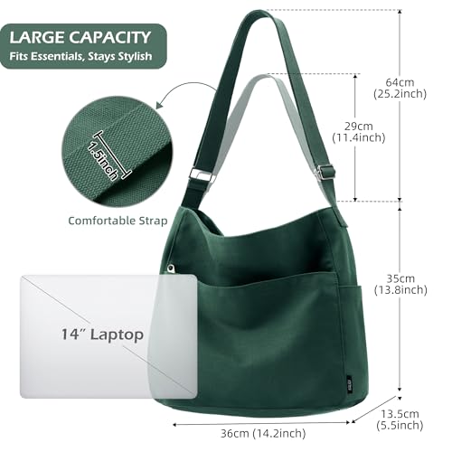 KALIDI Canvas Tote Bag Large Hobo Crossbody Shoulder Handbag Zipper Messenger Bag for Women or Men Casual College Work - color: Alpine Green
