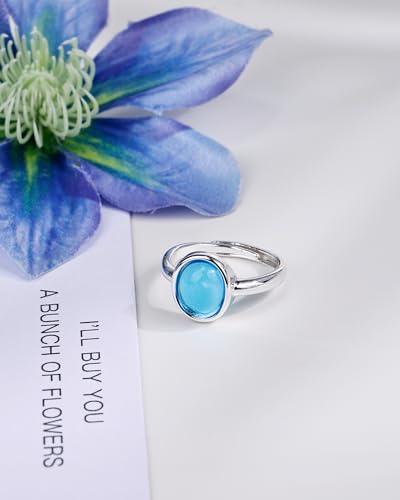 Silver Aquamarine Ring for Women - Adjustable Birthstone Ring with Oval Blue Gemstone, Minimalist Finger Ring for Daily Wear