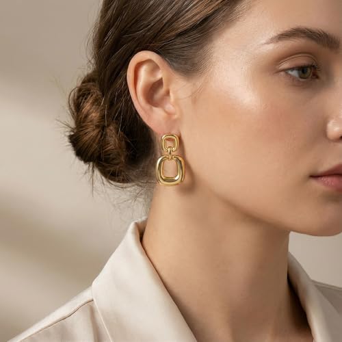 MUYAN Gold Silver Geometric Drop Dangle Earrings for Women Brushed Link Square Dangle Earrings Trendy Jewelry - color: D Gold