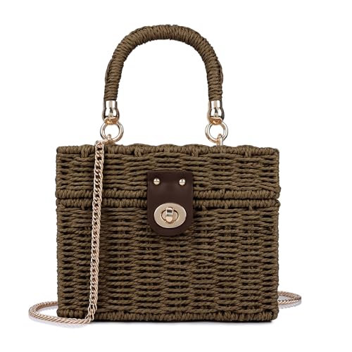 Handwoven Rattan Bag for Women Wicker Crossbody Shoulder Bag Straw Beach Tote Bag Top Handle Satchel Handbag with Chain Strap - color: Dark Brown