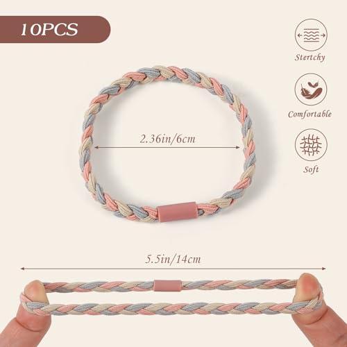 10 PCS Cute Hair Ties Bracelet for Women - 5 Styles Soft Braided Nylon Elastic Hair Bands No Damage Ponytail Holders - Pink Hair Accessories for Thick Thin Curly Hair with Gift Box - color: Pink