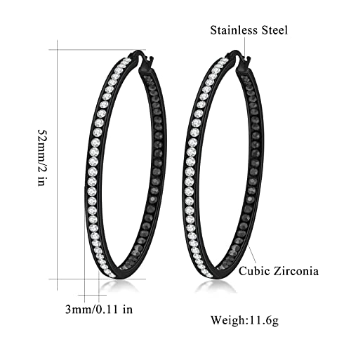 CiNily Mult-colors Crystal Stainless Steel Hoop Earring for Women Hypoallergenic Jewelry for Sensitive Ears Large Big Hoop Earrings 2" - color: Black-a