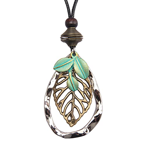 GelConnie Leather Cord Necklace Chain Multilayer Wooden Pendant Necklaces Vintage Jewelry Boho Long Sweater Necklace for Women Men - color: Leaves Leather Necklace