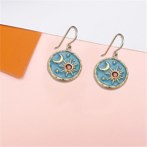 MALOYANVE Vintage Sun and Moon Drop Dangle Earrings for Women Unique lightweight Handmade Retro Boho Antiqued Gold Silver Round Coin Earrings for Women Jewelry - color: Gold Blue Earrings