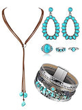 Ecally Bohemian Western Jewelry Turquoise Set Women Country Pendant Long Choker Layered Bracelets Earrings Ring for Women - color: Turquoise, style: Cowgirl