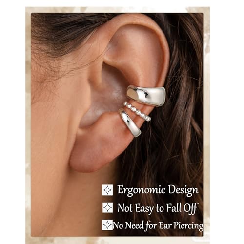 14K Gold/Silver Plated Ear Cuffs Set Dainty Clip Piercing Stack Small Cartilage Hoop Huggie Trendy Tarnish Hypoallergenic Jewelry Gift - style: silver style 4
