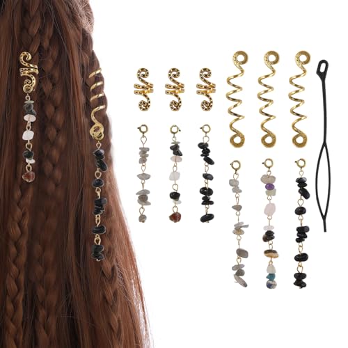 12 Pcs Detachable & Customizable Natural Stone Tassel Hair Charms | Crystal Beaded Braid Accessories | Dreadlock Hair Jewelry for Women
