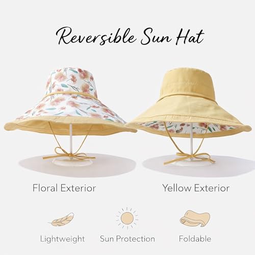 Wide Brim Sun Hat for Women Reversible Beach Hats Metal Wired Edge Gardening Hats, UPF 50+ Bucket Summer Hat - color: Yellow