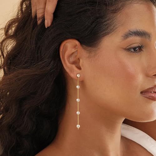 Moodear Dainty Pearl Dangle Earrings for Women - Trendy 14K Gold Plated Pearl Hypoallergenic Drop Earring Wedding Jewelry Gift - style: 5 pearl drop earrings