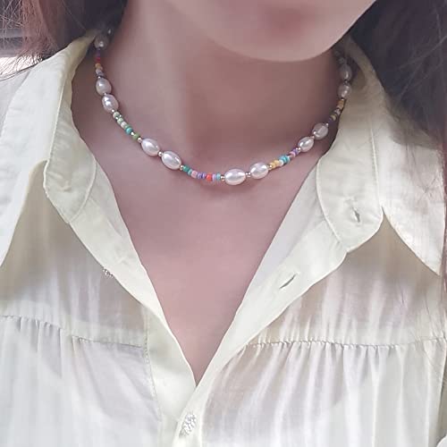 Wellike Freshwater Pearl Beaded Necklace for Women Handmade Boho Colorful Glass Beads Choker Necklace Stainless Steel 18K Gold Plated Bohemian Women Summer Jewelry Gifts - color: KKWX1070