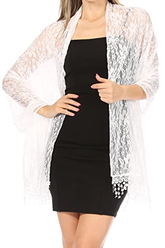 Sakkas Mari Women's Large Lightweight Soft Lace Scarf Wrap Shawl Floral and Fringe - color: Style3-white