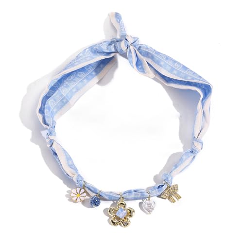Scarf Long Fabric Colorful Silk Scarves Multi Pendant Necklace For Women Statement Boho Choker Twisted Ribbon Band Pearl Accent Heart Maple Leaf Bee Daisy Dragonfly Star Green Gem Charms - color: Blue Bow