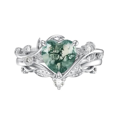 Natural Moss Agate Ring for Women 925 Sterling Silver Pear/Oval/Kite/Heart/Hexagon/Emerald/Coffin Cut Green Leaf Moss Agate Engagement Ring Promise Bridal Set Anniversary Birthday Jewelry Gifts - color: Heart Cut Moss Agate