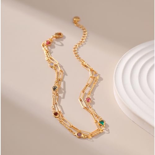 Yumikoo 18k Gold Plated Anklet Ankle Bracelets for Women - style: Colorful Rhinestones and Chunky Chain
