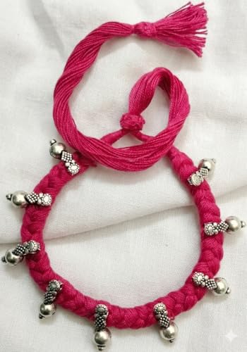 athizay Boho Charm Thread Choker Necklace – Braided Bohemian Choker with Oxidized Silver Dangle Charms | Handmade Boho Jewelry for Women - color: Pink, Silver
