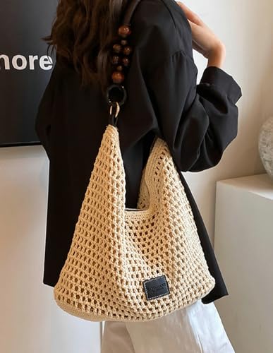 Crochet Summer Beach Bag for Women Woven Cotton Mesh Hobo Handbag Fashion Bead Handmade Shoulder Bag Purse - color: Black