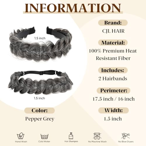CJL HAIR 2PCs Braided Headbands Hair Piece for Women Synthetic Hair Hoops Head Bands Handmade Braid Hairband Accessories Elastic Stretch Headwrap Pepper Grey - color: 2PCS-Pepper Grey