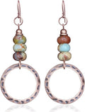 Boho Earrings for women, Hammered Copper Earrings, Bohemian Beaded Gemstone Rustic Jewelry, African Opal Earrings Handmade - style: Hammerd Hoop