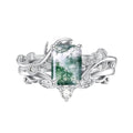 Natural Moss Agate Ring for Women 925 Sterling Silver Pear/Oval/Kite/Heart/Hexagon/Emerald/Coffin Cut Green Leaf Moss Agate Engagement Ring Promise Bridal Set Anniversary Birthday Jewelry Gifts - color: Emerald Cut Moss Agate