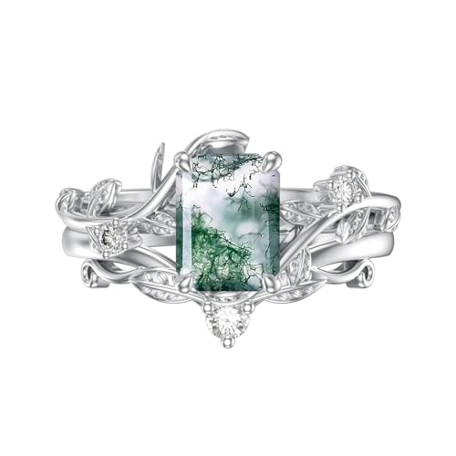 Natural Moss Agate Ring for Women 925 Sterling Silver Pear/Oval/Kite/Heart/Hexagon/Emerald/Coffin Cut Green Leaf Moss Agate Engagement Ring Promise Bridal Set Anniversary Birthday Jewelry Gifts - color: Emerald Cut Moss Agate