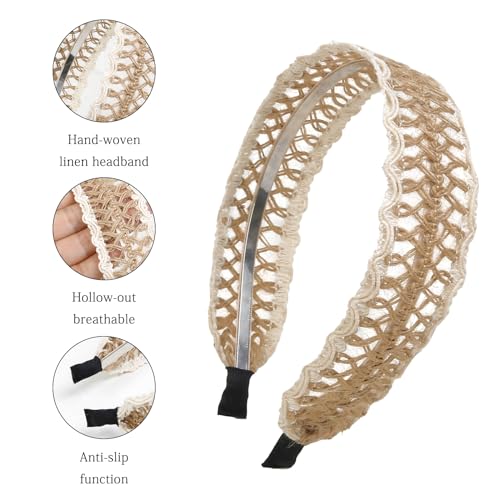 TEBIEKOY Fashion Linen Headbands for Women Wide Cotton Twine Boho Woven Hairband Style Non Slip Head Band Summer Beach Hair Accessory