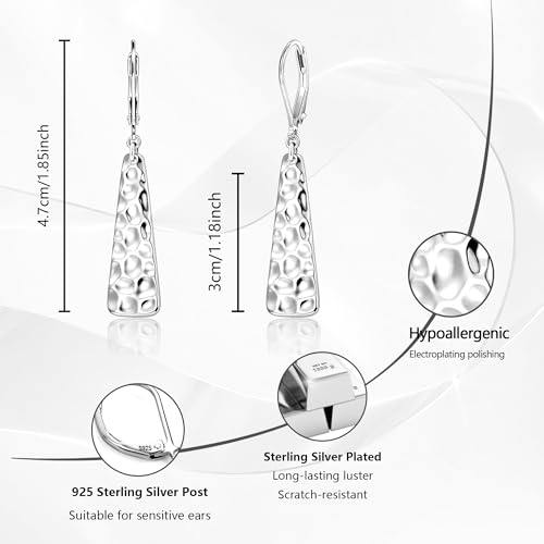 ALEXCRAFT Hammered Silver Dangle Earrings for Women, 14K Gold Plated French Leverback Earrings, Hypoallergenic Lightweight Statement Hammer Square Bar Long Drop Earing for Women Trendy Jewelry Gifts - color: SilverA