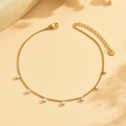 Anklet Bracelets for Women 18K Gold Plated Tennis Anklets Dainty Sapphire Paperclip Pearl Sequin Droplet Adjustable Large Anklet Bracelets Simple Beach Summer Waterproof Foot Jewelry - color: CZ Charm-Gold