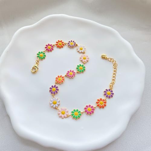 Yumikoo 18k Gold Plated Anklet Ankle Bracelets for Women - style: Colored enamel flowers