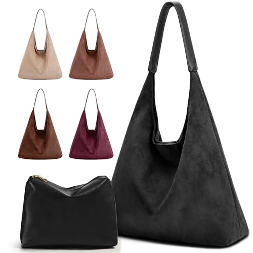 2-Piece Vegan Leather Purse Set for Women: Slouchy Hobo Shoulder Bag & Suede Tote Bag - color: Black