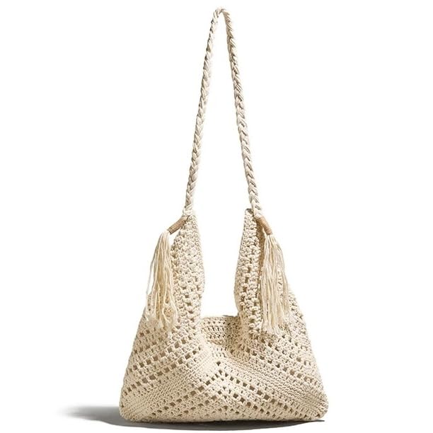 Crochet Beach Bags for Women Woven Purses Shoulder Bag Tote Handbag Summer Beach Purse - color: Wy13-white