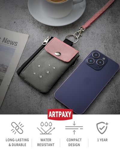 Artpaxy Minimalist Wallet For Mens Womens, Keychain RFID Blocking Zipper Small Wallet with ID Window 2 Lanyards,Water Resistant Travel Cash Card Coin Case Boys Girls - color: Light pink+Grey, style: Casual