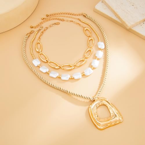 Chunky Gold Necklace for Women, Layered Cross Pendant Pearl Necklace, Stacked Thick Gold Jewelry, Geometric Square Oval Chain, Big Gold Pendant Fashion Accessories - style: Style C