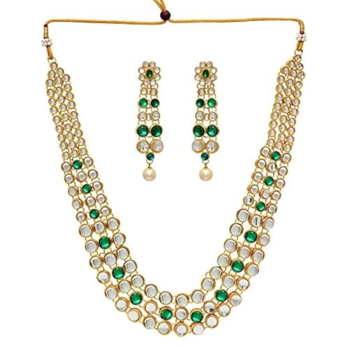 Aheli Indian Bollywood Style Wedding Faux Kundan Necklace with Earrings Set Ethnic Bharatanatyam jewellery set Gift for Women - color: Green & Gold
