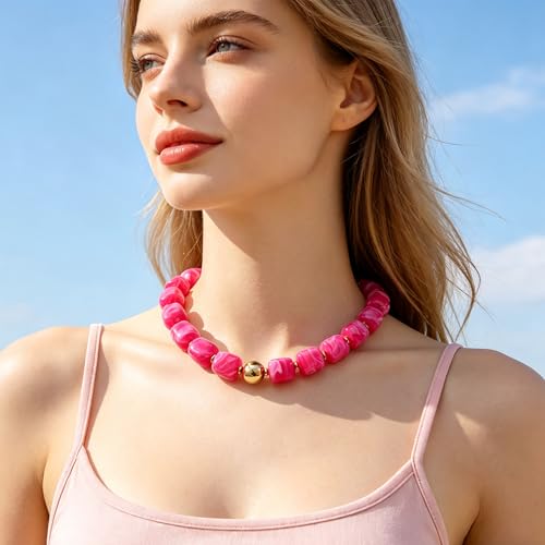 Chunky Beaded Necklace for Women Boho Colorful Statement Choker Necklaces Summer Beach Resin Jewelry Accessories - color: Hot Pink