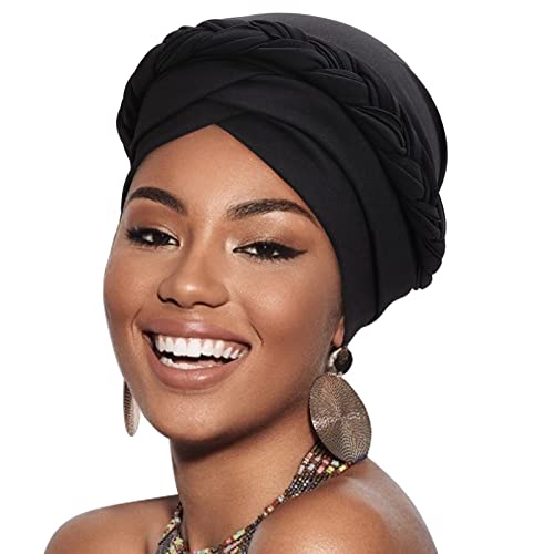 DRESHOW Turban Pre-Tied Twisted Hat Thread African Head Wraps for Black Women Chemo Cancer Cap Braid Hair Cover - color: 1 Pc Twisted Braid: Black