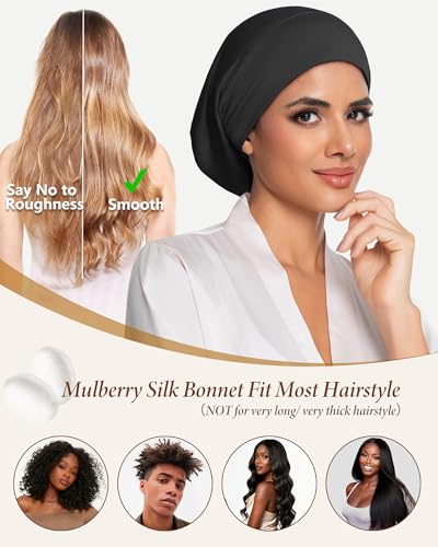 100% Mulberry Silk Bonnet for Sleeping Women Men, Real Silk Lined Bonnets for Curly Hair, Braid Sleep Cap Black Womens - color: Black