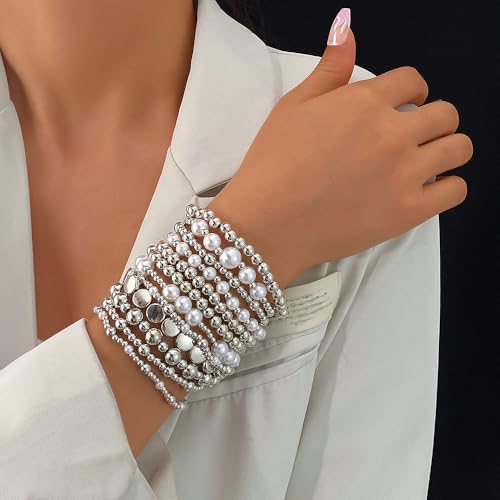 KISS WIFE Bracelets for Women, 13 Pcs Gold Silver Beaded Bracelet Stack with Faux Pearl, Stretch Elastic Strand Ball Fashion Jewelry Set, Adjustable Accessories Gifts - color: Silver